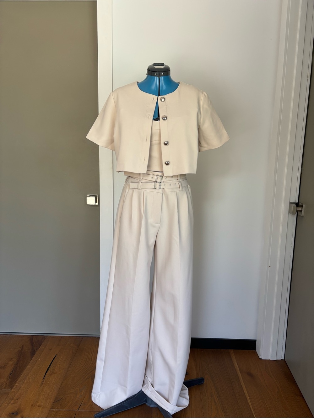 NWT Amanda Uprichard Bone 3PC Bustier Jacket Wide Leg Pant Set S